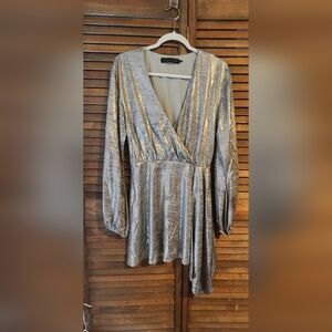 House of Harlow 1960 x Revolve Deep V Mini Cocktail Dress Metalic Shimmer Pewter